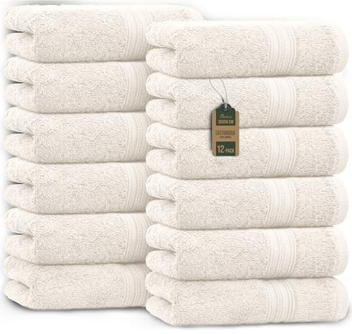 NatureMark Toallas de Invitado – Pack de 12 (30x50 cm), 100% Algodón, Certificación Oeko-Tex, Suaves, absorbentes y fáciles de cuidar – para baño, Invitados y SPA – Color Natural/Crema