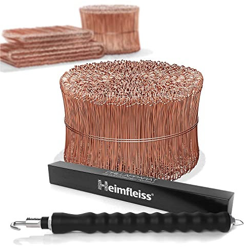 Heimfleiss® atadora alambre + alambre de sujeción cobreado 1,0 x 100-160 mm (1000 uds.) - Set trenzador alambre, amarrador de alambre y alambre de sujeción - Atador alambre, alambre de torsión de ojal
