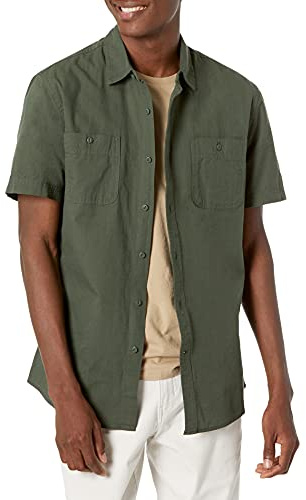 Amazon Essentials Camisa de Manga Corta de Corte Regular en Chambray Hombre, Verde Oliva, XXL
