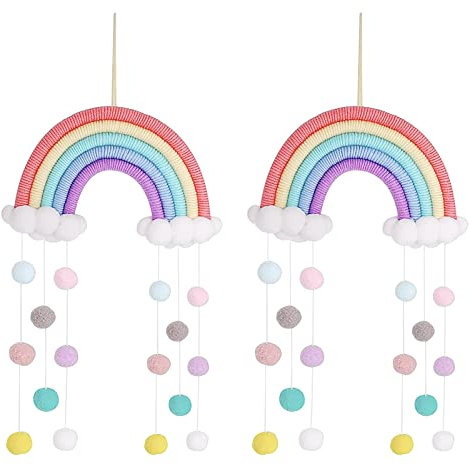 Xinzistar 2 Pack Rainbow Bedroom Wall Hanging Accessories, Macrame Rainbow Tapestry Clouds Cotton Pom Pom Garland Colorful Felt Ball for Girls Kids Baby Room Nursery Wall Decor