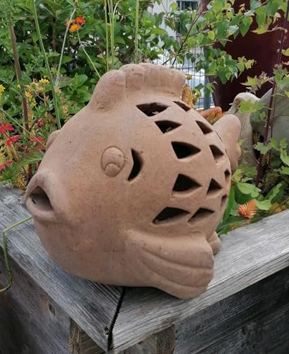B-Ware !! Schöner Deko Fisch ca. 33 cm lang aus Black Terracotta m. kleinen Fehlern Wasserspeier Garten Figur Tier Teich Wasser Springbrunnen