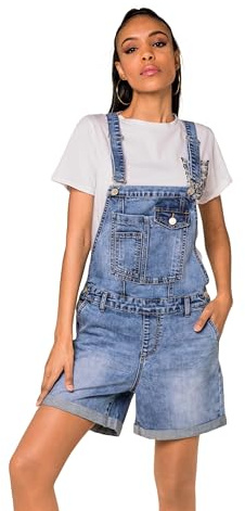 Nina Carter S511 Salopette jeans corte da donna - Salopette corte in denim con tasche sul petto e bottoni - Tuta estiva dal look casual, M