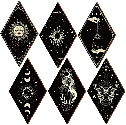 Sintuff 6 Pieces Gothic Wall Decor Boho Sun Moon Phases Wall Art Gothic Minimalist Stars Sun Hanging Wooden Home Decor Farmhouse Pediments for Gallery Living Bedroom Room(Boho)