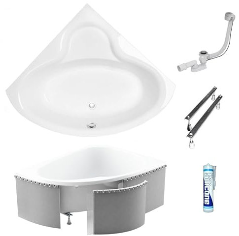ECOLAM Baignoire d'angle acrylique Bala 130x130cm | revêtement polystyrène 1.040 | pieds siphon silicone | Belle forme | Aspect moderne | acrylique blanc