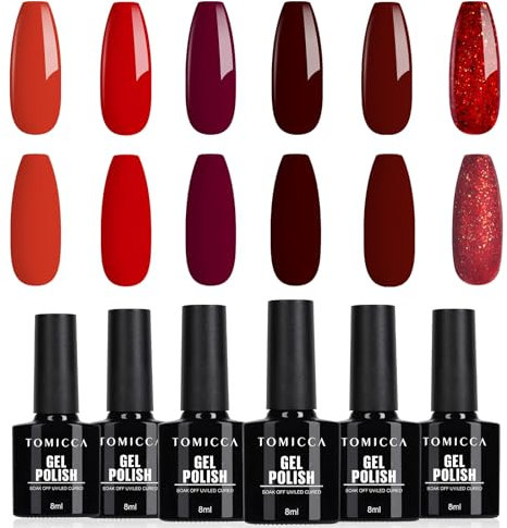 TOMICCA UV Nagellack Set, 6 Farben Rot & Rot Glitzer Nagellack, Soak-Off UV/LED Gel Geschenk für Nagelstudio DIY Home, 8ML