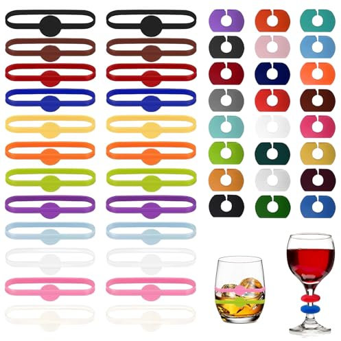Torytoe Marque Verre à vin, 48 Pièces Marqueurs de Verre à Vin en Silicone, Marqueur Verre Identifiants pour Verres de Réception, Accessoires pour le Vin, Idéaux pour la vie Quotidienne et les Fêtes