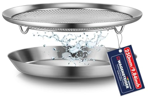 WAGENSTEIGER Stainless Steel Mesh Tray Set with Drip Pan, Air Fryer Basket and Tray, Kitchen Colander, Vegetable and Fruit Strainer, Food Filter, BBQ Prep Tool, Fruit Serving Dishes (9.84 inch)
