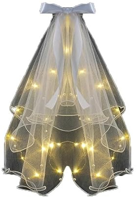 LED Wedding Veil with Bow, Battery-Powered Light-Up Bridal Headpiece(Need to bring your own battery), Warm light