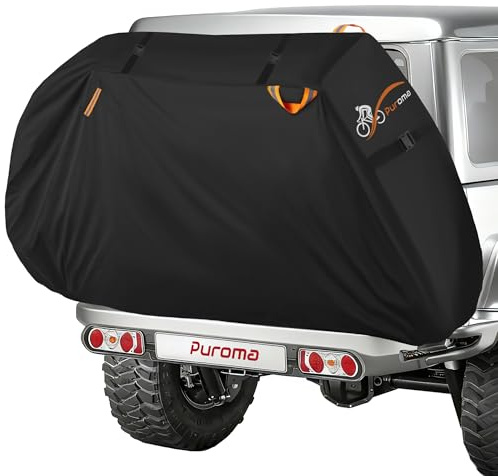 Puroma Bike Cover for Transport on Rack, 600D Waterproof Outdoor Storage Bicycle Covers for 2 Bikes on Rear Bike Rack, Heavy Duty Rain Sun UV Dust Wind Proof with Lock Hole for Car Hitch Travel