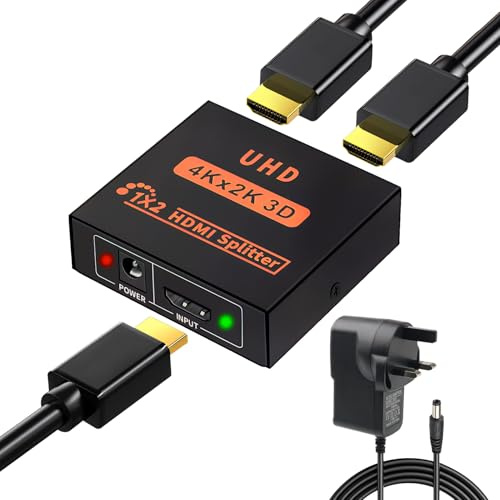 HDMI Splitter 1 in 2 Out 4K 1x2 HDMI Splitters Dual Monitor Support 4K@ 30Hz Full HD 1080P 2 Way Distribution for HDTV PC Laptop Projector Xbox PS3 PS4 PS5 with UK Power
