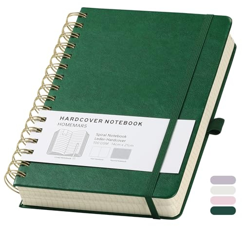 HOMEMARS Cuaderno A5, Blancas, carpeta de anillas A5, bloc de notas, Sketchbook a5, cuaderno de espiral, 300 páginas, 100 g/m², 14,8 cm x 21 cm, Verde, Cubierta de Cuero, Trabajo y Oficina.