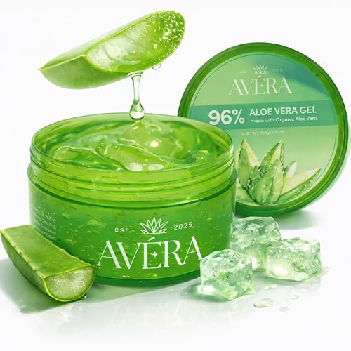LYDHoldings LLC Avera Organic Aloe Vera Gel for Scalp, Hair, Face & Body, 96% Pure Aloe Vera Gel, Cooling After Sun Care, Non-Sticky Hydrating Moisturizer, 7.05 oz
