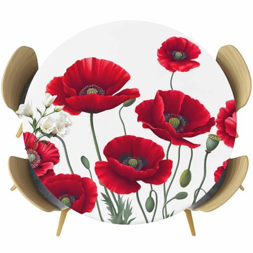 Liajuuhlgas Flowers Round Fitted Tablecloth with Elastic Edged, Red Opium Poppy Flowers Vintage Summer Waterproof Table Cover for Dinner Outdoor Picnic Fits Round Tables up to 36- 44 Diameter