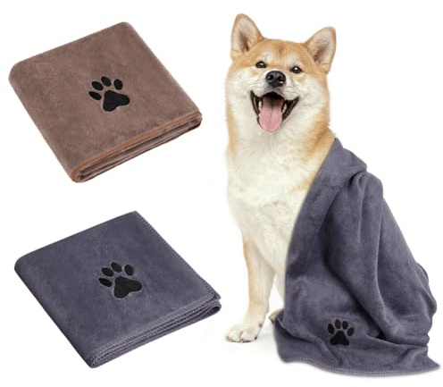 Adiwo 2 Extra Absorberande Handdukar för Hund, 100x50cm Medium Handduk för Hund, Handdukar för Hundar i Mikrofiber, Mjuka Hundhanddukar för Bad, Badning, Regniga Dagar, Grå+Kamel