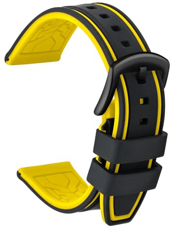 ULLCHRO Cinturini Orologi Impermeabile Orologi Bracciale in Caucciù Bicolori - 20, 22, 24, 26mm Gomma Cinturino Orologio Fibbia Dell'acciaio Inossidabile Spazzolato Nero (22mm, Nero e Giallo)