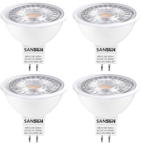 SANSUN 5 W MR16 LED-Leuchtmittel, 12 V 50 W Halogen-Ersatz, GU5.3 Bi-Pin-Sockel, Tageslichtweiß 4000 K, nicht dimmbar, 4 Stück