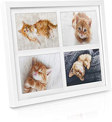 bomoe Bilderrahmen Galeria für 4 Fotos 10x15cm Fotorahmen aus Holz, Kunststoffglas, Metall-Aufhängung & Passepartout Multirahmen für Bilder Collagen - Weiß