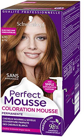 Schwarzkopf - Perfect Mousse - Coloration Cheveux - Mousse Permanente sans Ammoniaque - 98 % d’ingrédients d’origine naturelle - Blond Foncé cuivré 670