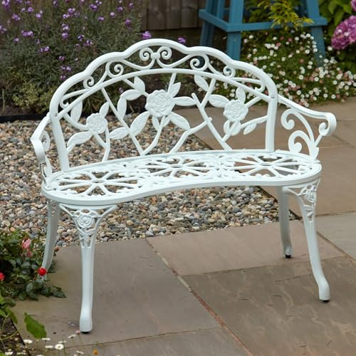 Home Source Rose Garden Bench 2 Seater (White) – Cast Iron, Victorian Floral Design | 100W x 59D x 80H cm | Outdoor Patio Bench