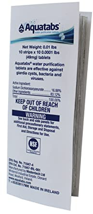 Aquatabs 49mg Water Purification Tablets (100 Pack). Water Filtration System for Hiking, Backpacking, Camping, Emergencies, Survival, and Home-Use. Easy to Use Treatment and Disinfection.