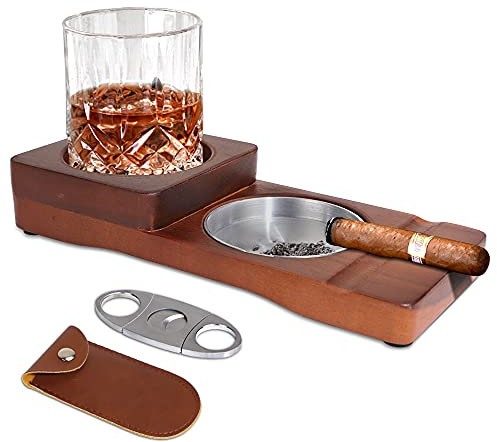Posacenere in legno con rum liquori personalizzati per whisky,1 Tagliasigari a Ghigliottina a Doppia Taglia,Whisky Vassoio tazza da whisky di alta qualità Accessorio per Whisky Posacenere per Sigari