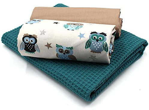 VmG-Store Waffelpique + Baumwollstoff Set farblich abgestimmt Waffel Stoff 100% Baumwollstoff Tex Standard 100 (Eulen Set 36)