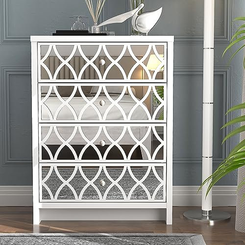 Galano Iris 4-Drawer Chest – Modern Storage Cabinet with Mirrored Drawers for Bedroom, Entryway, or Living Room – White