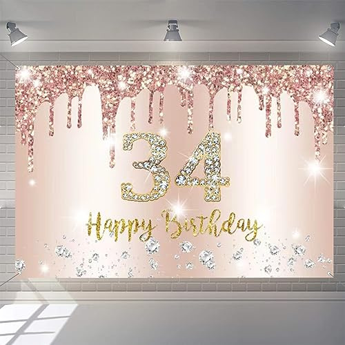 34. Geburtstag Deko Frauen, 34 Geburtstag Dekoration Roségold Glitzerflecken Stoff Schild Plakat Hintergrund Banner Frau 34 Geburtstagsfeier Deko