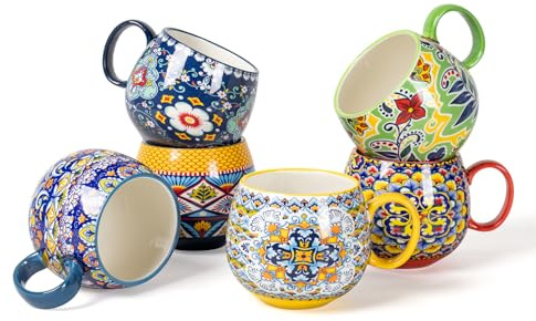 HENXFEN LEAD Boho Ceramic Coffee Mugs Set of 6 – 20 oz Large Porcelain Cups for Latte, Cappuccino, Tea, Cocoa & Soup – Microwave & Dishwasher Safe