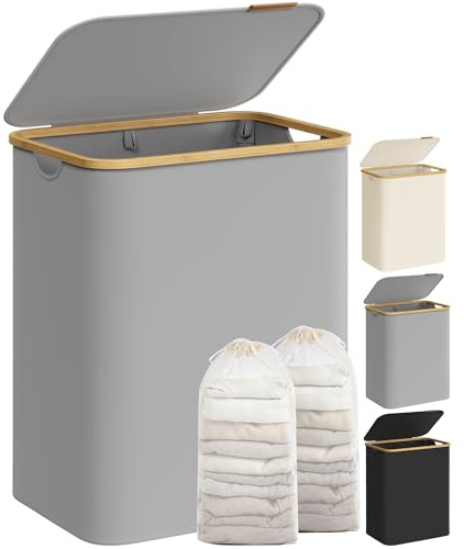 SONGMICS Laundry Basket with Lid, 2-Section Large Laundry Hamper, 130L, Removable Mesh Liner, Oxford Fabric, Bamboo Handles, Collapsible, 52 x 38.5 x 70.5 cm, Dove Grey LCB513G01