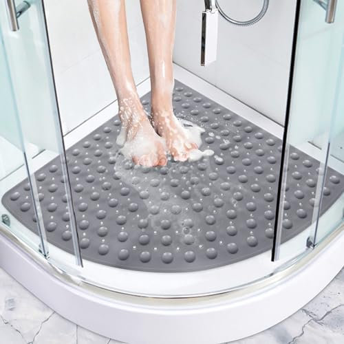 Alfombrilla de ducha angular antideslizante, 54 x 54 cm, alfombrilla de ducha triangular con ventosas, alfombrilla antideslizante de PVC con agujeros de drenaje (gris)