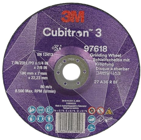 3M Cubitron 3 Disco de Desbaste con Centro Hundido, 97618, 36+, T27, 180 mm x 7 mm x 22.23 mm, Especial para Ranurado EN, Paquete de 10 Unidades