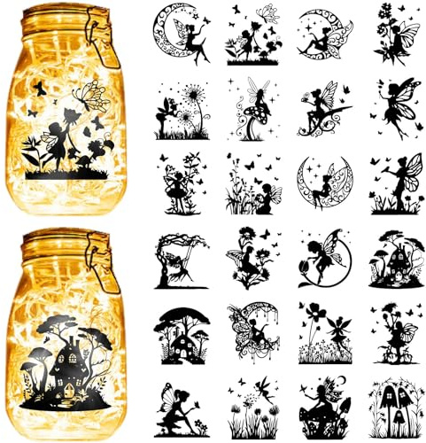 CREATCABIN 24Pcs Fairy Angel Silhouettes Mason Jar Decor Butterfly Moon Laser Cut Cardboard Scrapbook Cutouts Die Cuts PVC for Crafting Lantern Jars Wall Painting Window Glass 3.9x3.5Inch-No Sticker