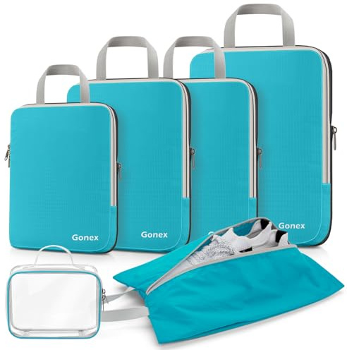Gonex Organizer Valigie 6 Pezzi Set, Stoccaggio di Borse per Imballaggio Portatili per l'abbigliamento Cosmetico Cubi Espandibili, Packing Cube Set Viaggio Organizer, Blu