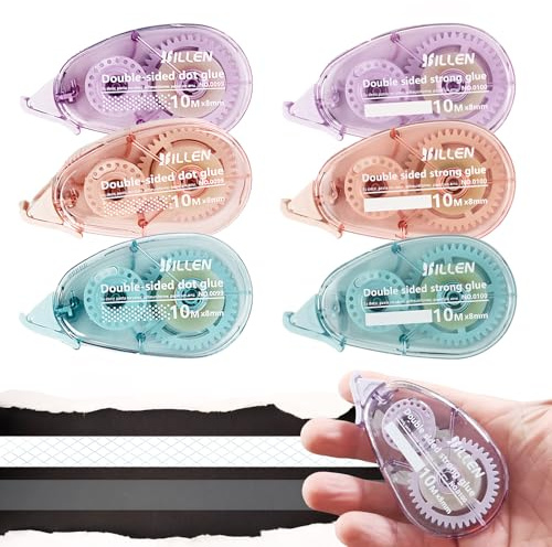 AOT 6 PCS Glue Tape Roller,8mm x 10m Double Sided Tape Dispenser Transparent Self Adhesive Tape Scrapbook Tape for Crafting Photo Scrapbooking Supplies