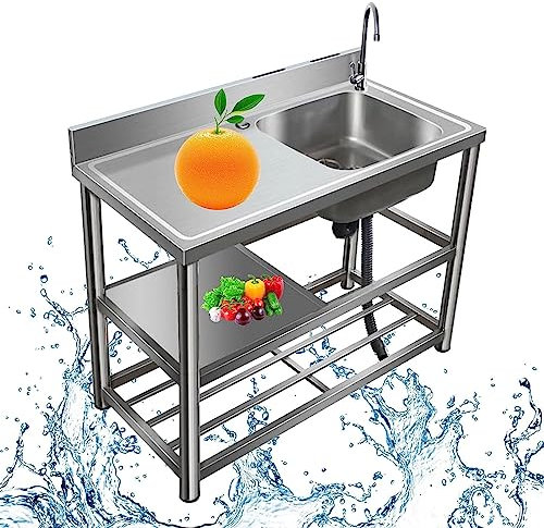Fregadero de acero inoxidable con escurridor y grifo, estación de un solo tazón de grado comercial para bar, restaurante, cocina, hotel y hogar, fregadero de 1 compartimento (100 cm a la derecha)
