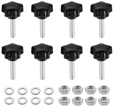 sourcing map 8pcs Star Clamping Knobs with Nuts Washers, M6 x 25mm Metric Zinc Plated Carbon Steel Male Thread 25mm 5-Star Plastic Head, Threaded Stud Hand Knobs Handles Thumb Screws, Black