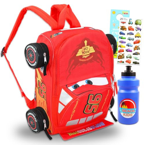 Disney Cars Mini Backpack for Kids - Bundle with 14” Lightning McQueen Backpack with Water Bottle, Stickers, More | 3D Lightning McQueen Travel Bag Set for Girls, Boys