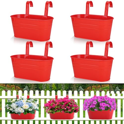 DAJAVE 4 Pack Balcony Planters for Railing Over Fence Planters Metal Hanging Planter Outdoor Hanging Flower Pots Plant Pot with Hook Large Hang Planter for Garden Fence Balcony Decor