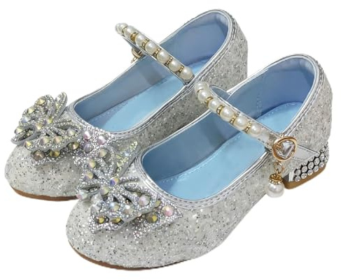 ZJstyle Girls Princess Shoes Sequin Party Shoe Girls' Mary Jane Shoes Bling Bowknot Sandals Little Girl Party Pumps Sparkle Wedding Dress Up Shoe Silver