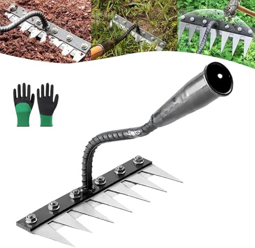 Gardinea - Rastrello per sarchiatura in ferro 2.0, resistente per giardinaggio e diserbo, 5/6/7/8 denti, in acciaio al carbonio, zappe da giardino, strumento rimovibile a mano (7 denti)