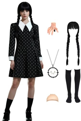 Halloween Gothic Costume Women's Carnival Fancy Dress Costume Gothic Family Cosplay Outfit Black Dress with Print, Wig & Accessories, Knee Stockings, Chain, Hair Clip A049L