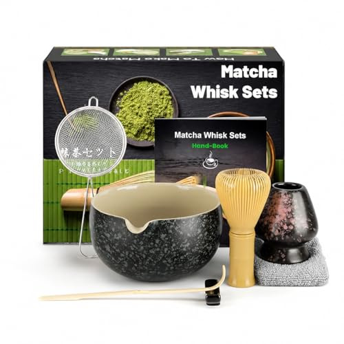 7 Piece Matcha Set, Yellow Resin Matcha Whisk, Matcha Tea Set with Matcha Spoon, Whisk Holder, Matcha Broom, Shovel, Strainer, Matcha Accessories Japanese Tea Ceremony, Black Speckled