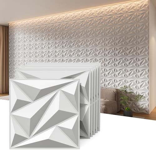 INMOZATA Lot de 12 panneaux muraux acoustiques 3D autocollants en PVC texturé en losanges pour décoration d'intérieur, 30 x 30 cm, 10 mm d'épaisseur, autocollants muraux insonorisants et imperméables