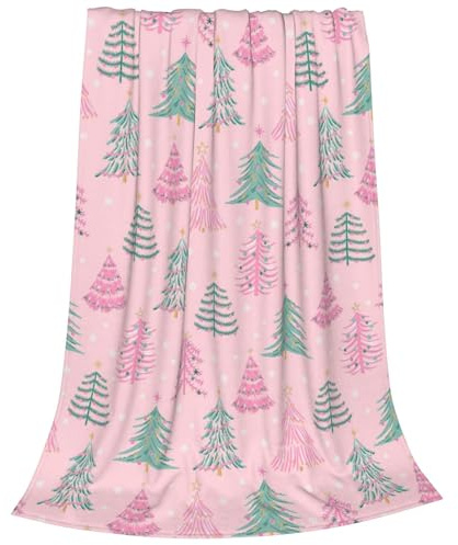 Newhomestyle Coperta Plaid da donna con albero di Natale rosa e verde, accogliente, calda, leggera, anti-pelucchi, graziosa coperta morbida invernale in pile di flanella con fiocchi di neve, per letto