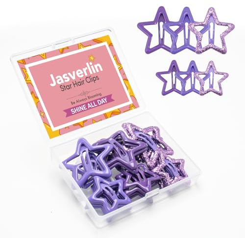 JASVERLIN 36 stycken stjärnklämmor, lila tillbehör söt Y2K | Färgglada kawaii snäpp-pinnar rave flickor, halkfria tunna tjocka, kpop konsertstil, blandade storlekar, glitter