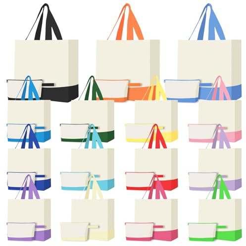 30 Pcs Canvas Tote Bags Bulk with Zipper Cosmetic Bags 15 Reusable Grocery Shopping Bags Cotton Canvas Tote Luggage with Handles