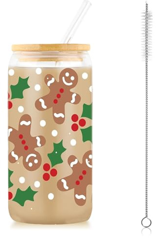 Calkkrer Decoración Navideña Taza de Vidrio para Hombre de Jengibre con Tapa y Pajita, Adorable Taza de Café Navideña de Vidrio, Taza Navideña con Tapa y Pajitas