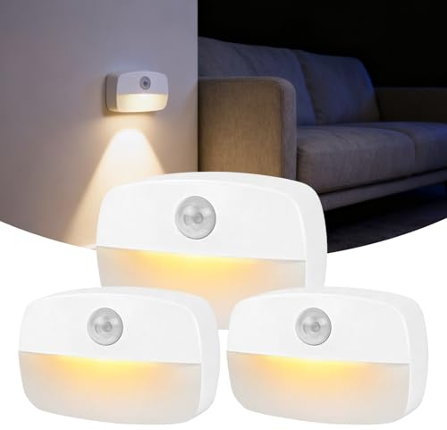 3 Packs Motion Sensor Night Light, 2700K Warm White Sensor Lights Indoor Stick-On Battery Powered Stair Lights for Toilet Stairs Hallway Living Room Bathroom Closet Kitchen