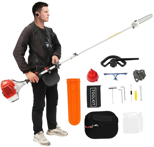 43 cm³ bensin hög knapp 1,25 kw 1,7 hk teleskopsåg 2-takt 2,4–3,5 m teleskop professionell grensåg 6 500 – 8 500 varv/min manuell start motorsåg med 1 000 ml bränsletank, 30,48 cm svärd, för